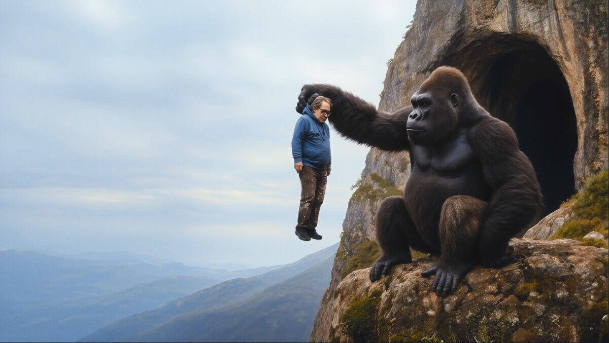 Schockverliebt: King Kong nimmt Garry in die Arme.