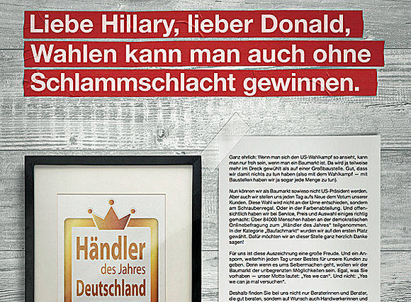 Mit einer Anzeige in den Sonntagszeitungen nimmt die Baumarktkette Toom die "Schlammschlacht" der US-Wahlen aufs Korn